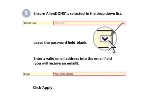 5. Ensure 'AlienDDNS' is selected in the drop down list. Leave the password field blank. Enter a valid email address into the email field (you will receive an email) Click 'Apply'. 